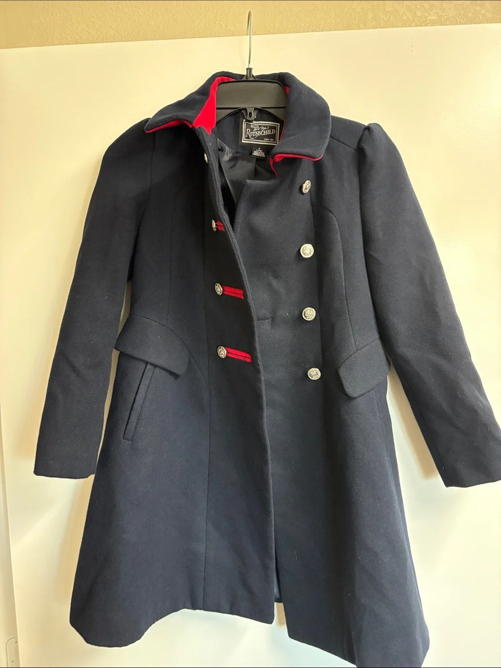 Rothschild Navy Wool Blend Double-Breasted Coat with Red Trim
